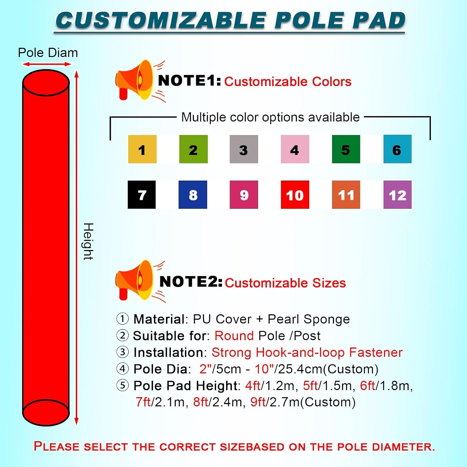 カスタムポールパディングラップコラムカバー 4 5 6 7 8 9フィートの高さ、2 3 4 5 6 7 8 9 10インチの直径ロ