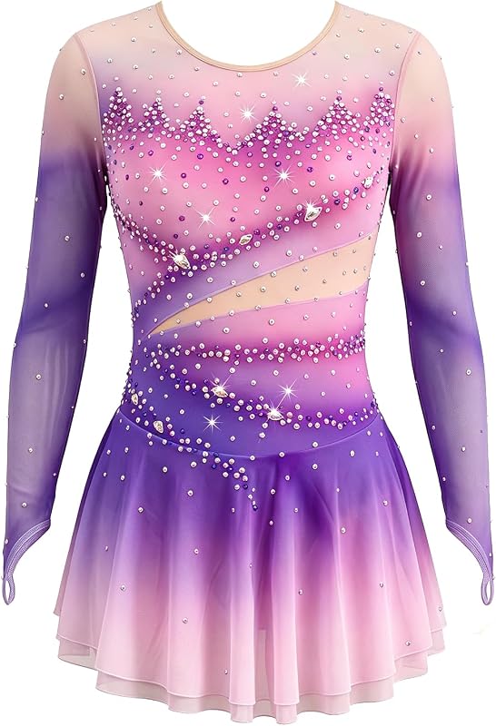LIUHUO Gradient Rhinestone Ice Figure Skating Dress Girls Women | Long Sleeve Competition, Ice Skating Costume, Stretchy Performance Comfy Breathable