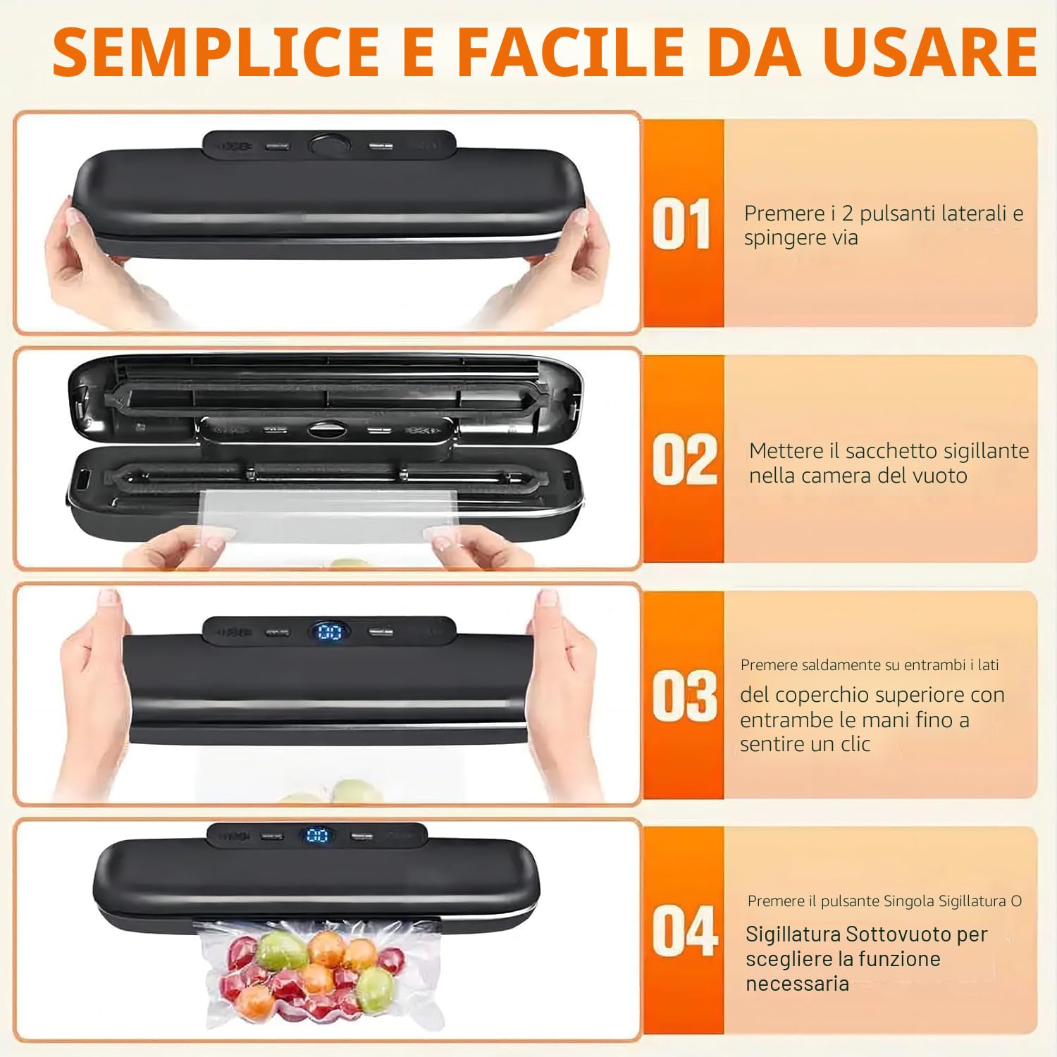 Sottovuoto automatico per alimenti, sigillatura sottovuoto one-touch per la conservazione di alimenti secchi e umidi, macchina sottovuoto compatta (Nero puro)