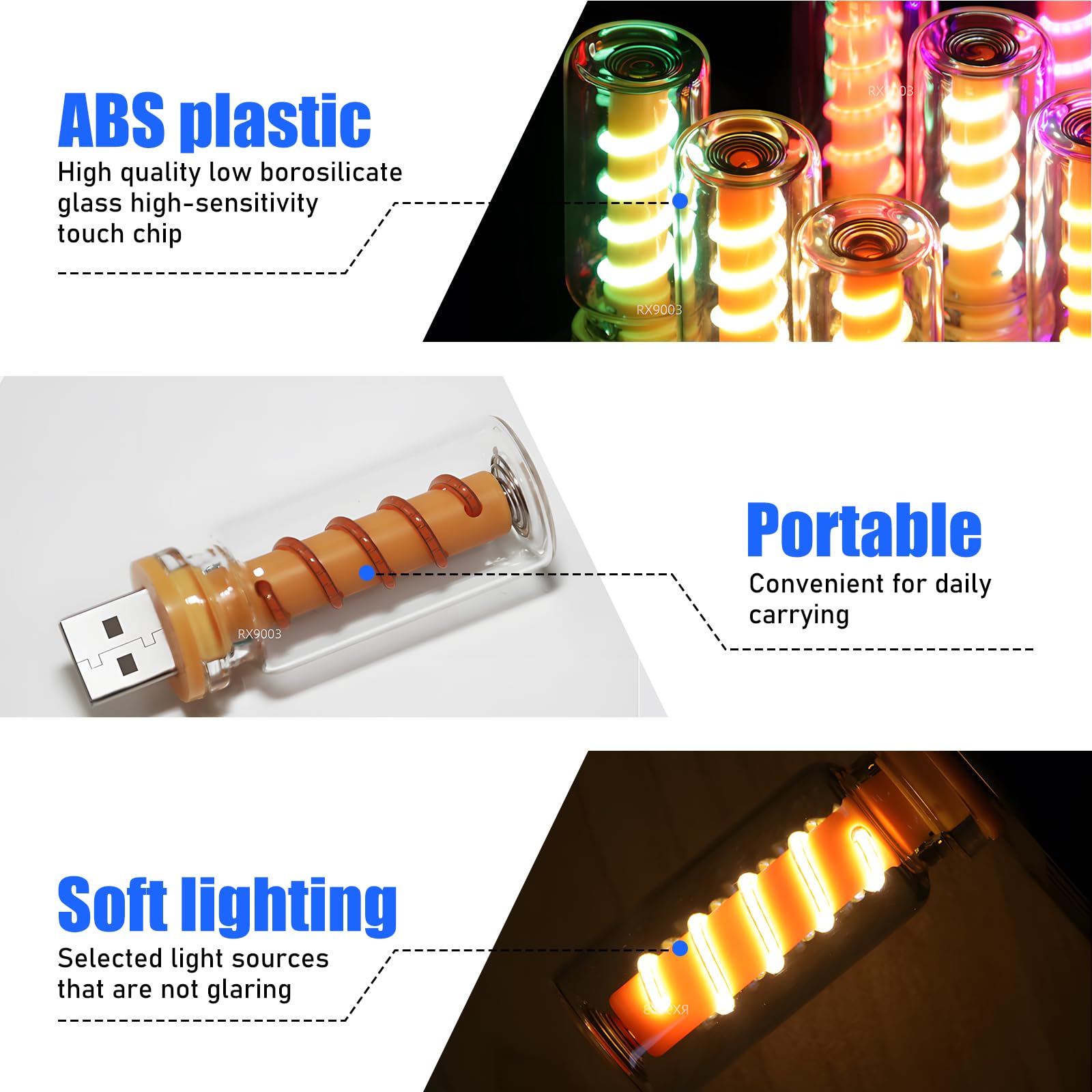 4 luci notturne a LED USB, mini luce LED per auto, dimmerabile, lampada USB con touch, retro USB, luce notturna in vetro trasparente, luce notturna bianca calda, rosso, blu, viola