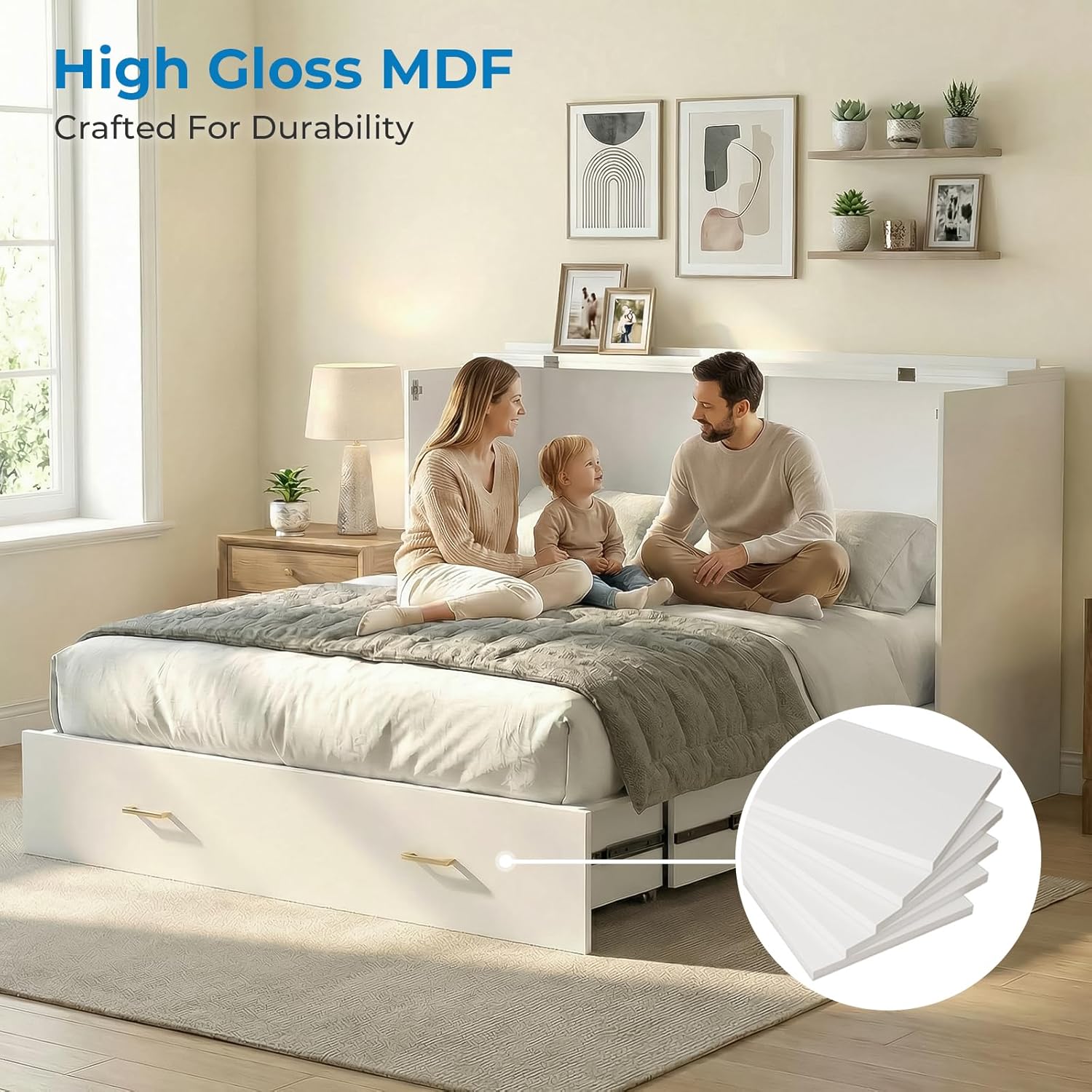 Mjkone Queen Size Murphy Cabinet Bed with RGB LED Lights, High Gloss MDF Murphy Beds with Tri-Folding Mattress Included, Convertible Chest Cabinet Bed with Storage Drawers for Small Spaces, White