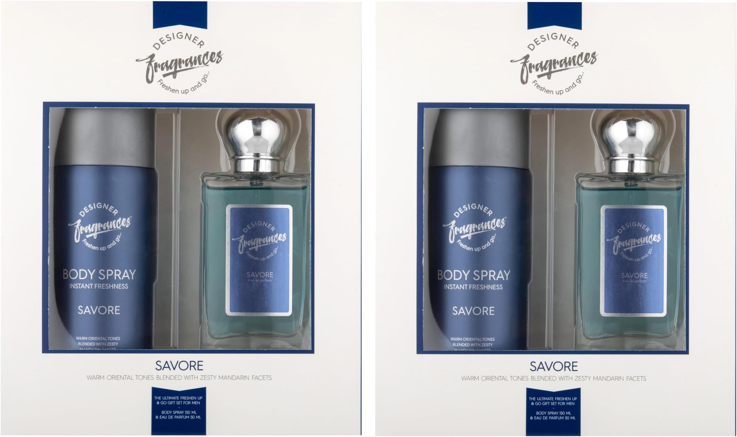 Designer Fragrances Savore Male Twin Gift Set - Includes 2 x 150ml Body Spray Deodorant Cans, 2 x 50ml Men’s Eau De Parfum Aftershave Spray - For Instant Freshness on The Go - Long Lasting Smells