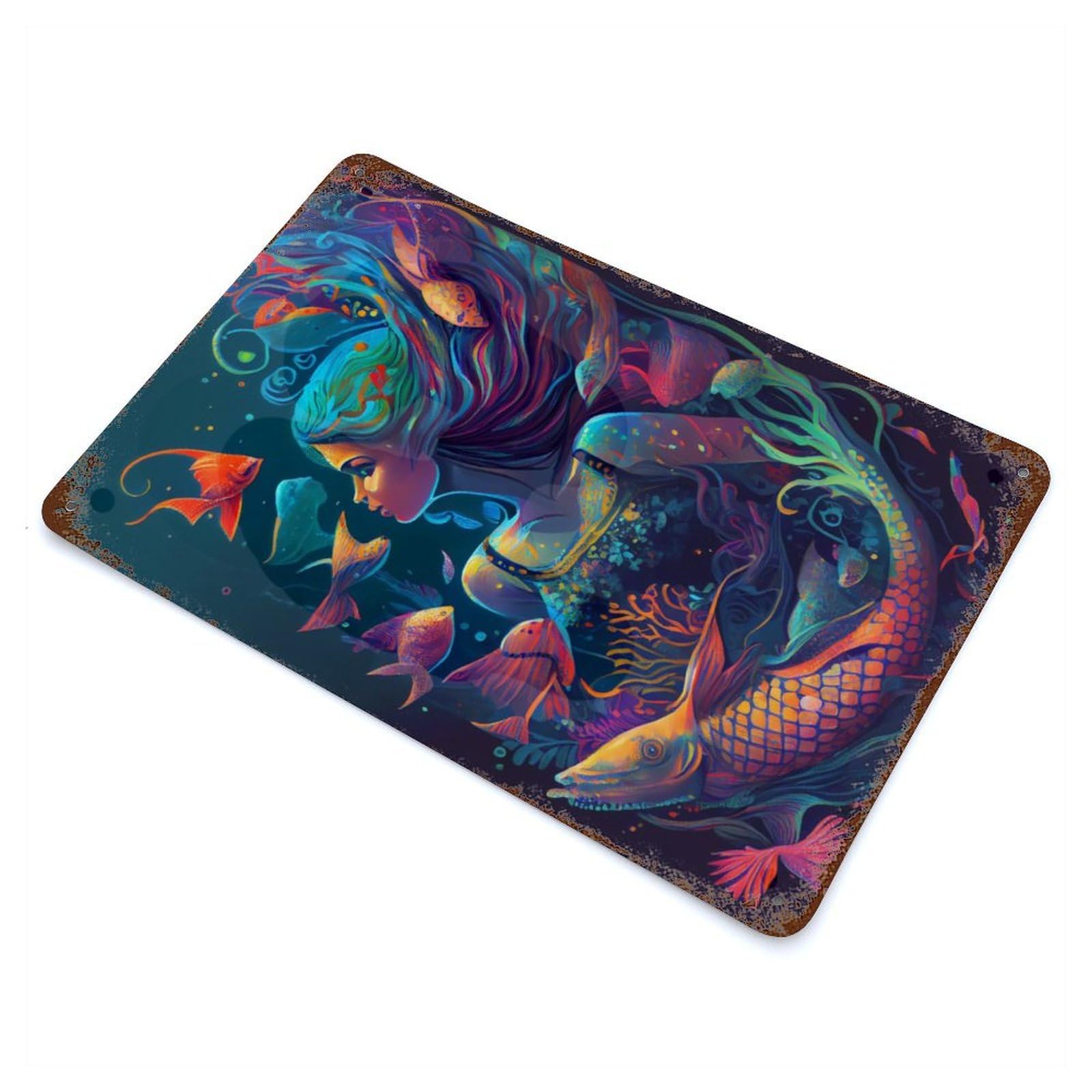 Rust Effect Mermaid Painting Vintage Rust Metal Sign 11.8"x7.9", Vintage Wall Decor for Garage, Bar And Workshop Decor