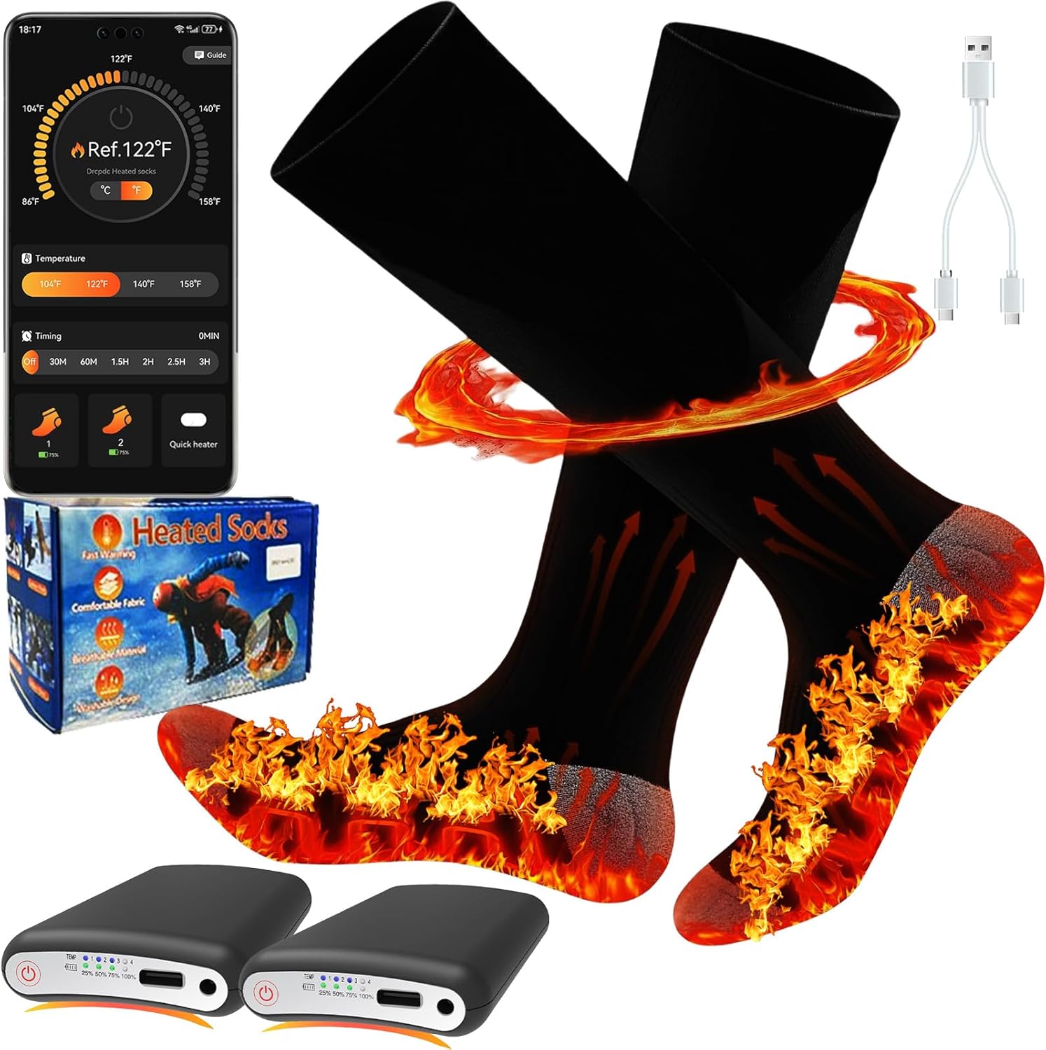 Heated Socks with App Control 5000mAh*2 Rechargeable Electric Heated Socks for Men Women Up to 9 Hours Washable Warm Socks for Outdoor Work Skiing Hunting Riding Hiking Cycling Camping Gifts