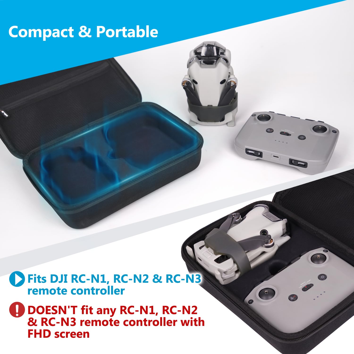 JSVER Étui Case pour DJI Mini 3 Pro, Portable EVA Boîte de Voyage pour DJI Mini 3, Espace de Rangement Sac de Transport pour RC-N2 N3, Noir
