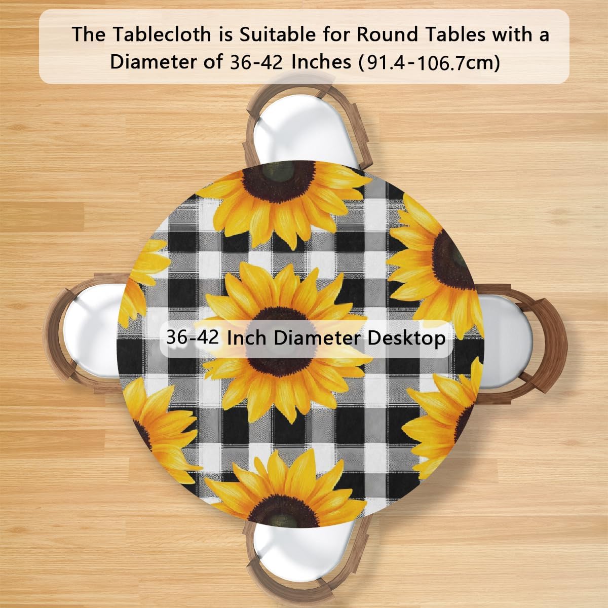 AUUXVA Sunflower Florals Round Tablecloth with Elastic Edge Bands Black White Buffalo Plaid Fitted Table Cloths Waterproof Table Cover Protector for Home Kitchen Dining Patio Table 36-42 inch