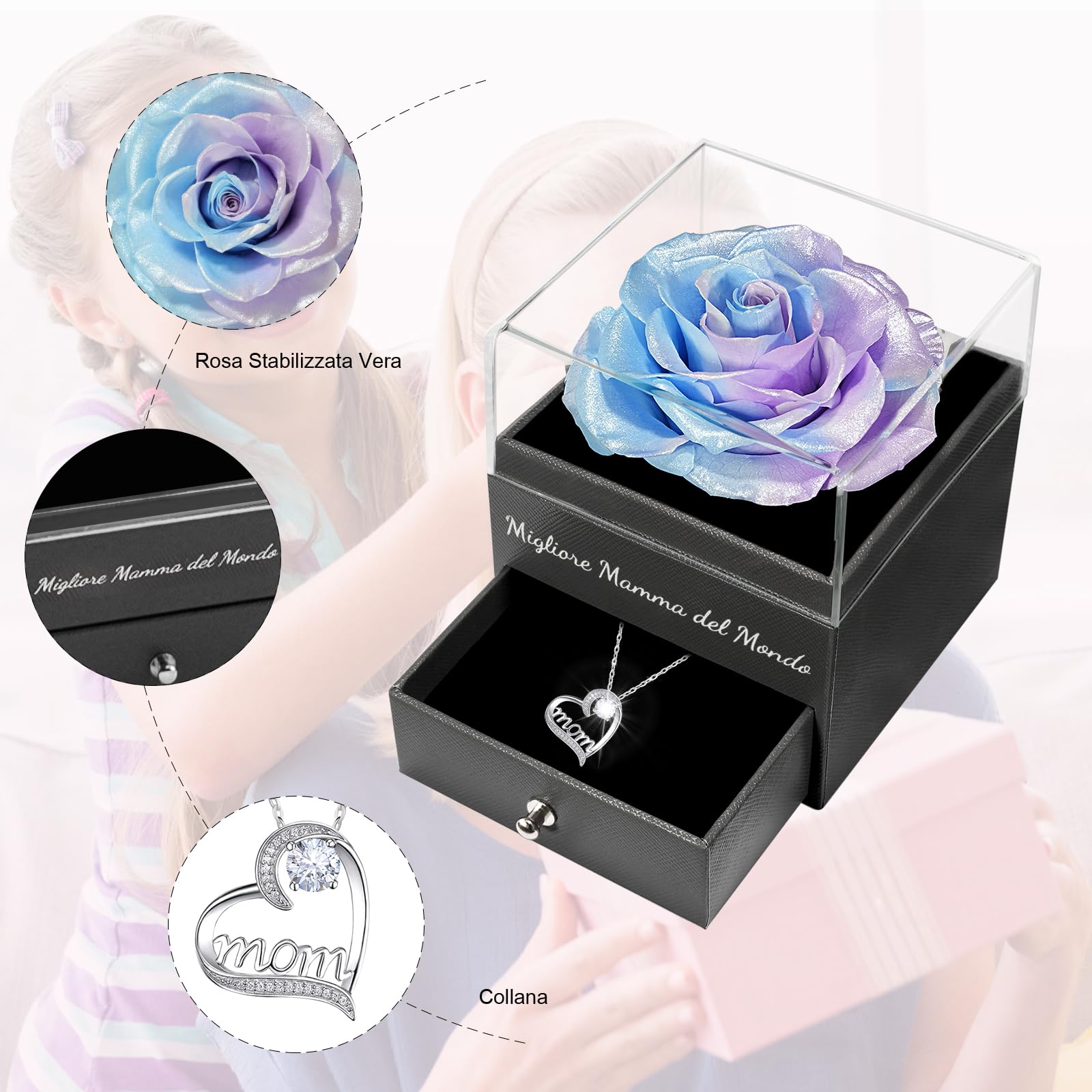Miofula Festa della Mamma Idee Regalo,Rosa Stabilizzata Vera Regalo Mamma Compleanno,Rosa Eterna con Collana Argento 925 Donna, Migliore Mamma del Mondo, Regali Festa della Mamma, Regalo Collana Donna