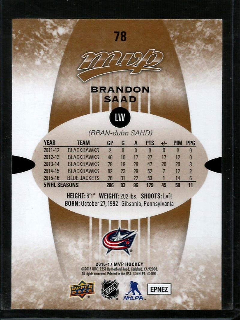 Amazon.com: 2016-17 Upper Deck MVP Hockey #78 Brandon Saad