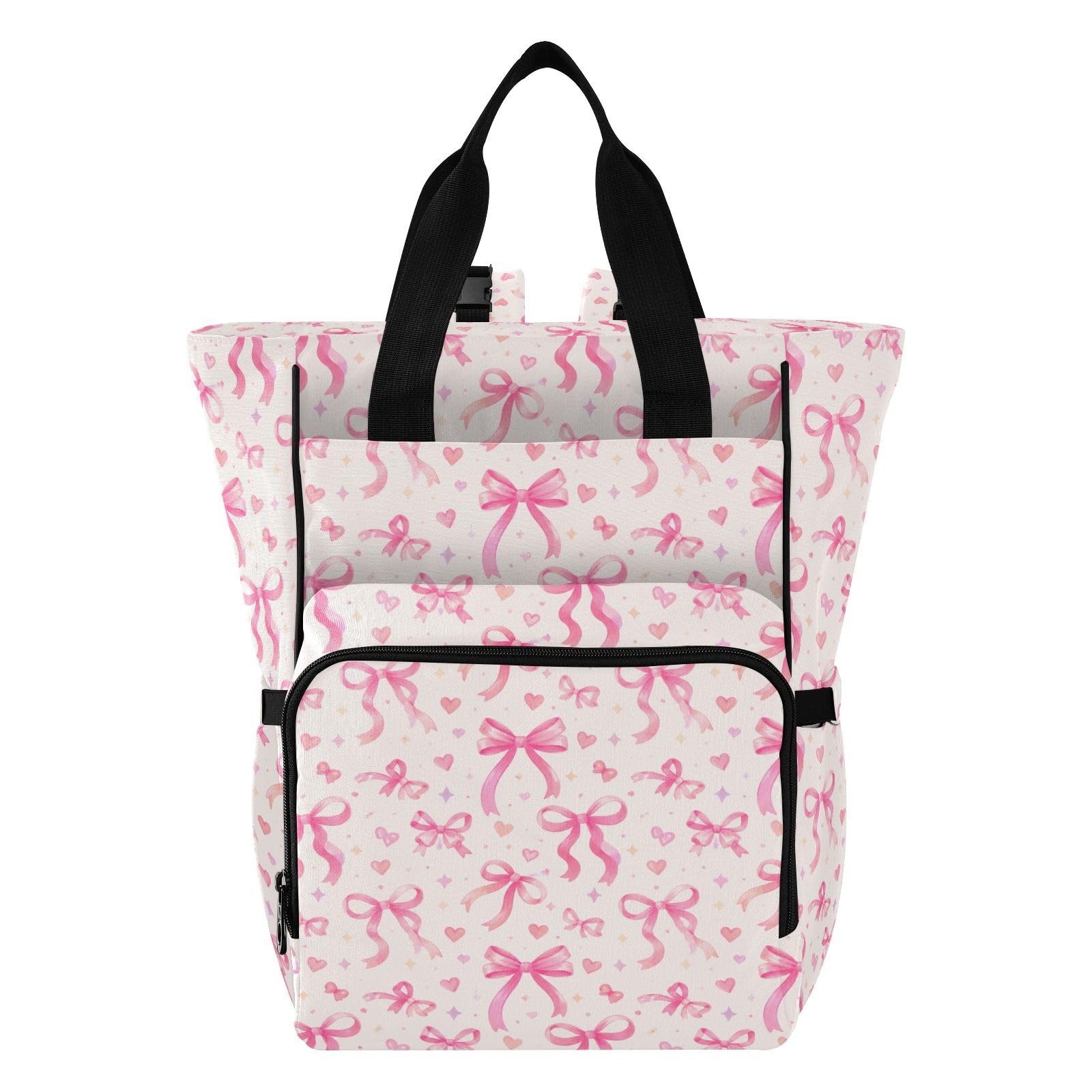 Mnsruu Pink Bows, borsa per pannolini per bambini, zaino grande, impermeabile, da viaggio, per mamme e papà