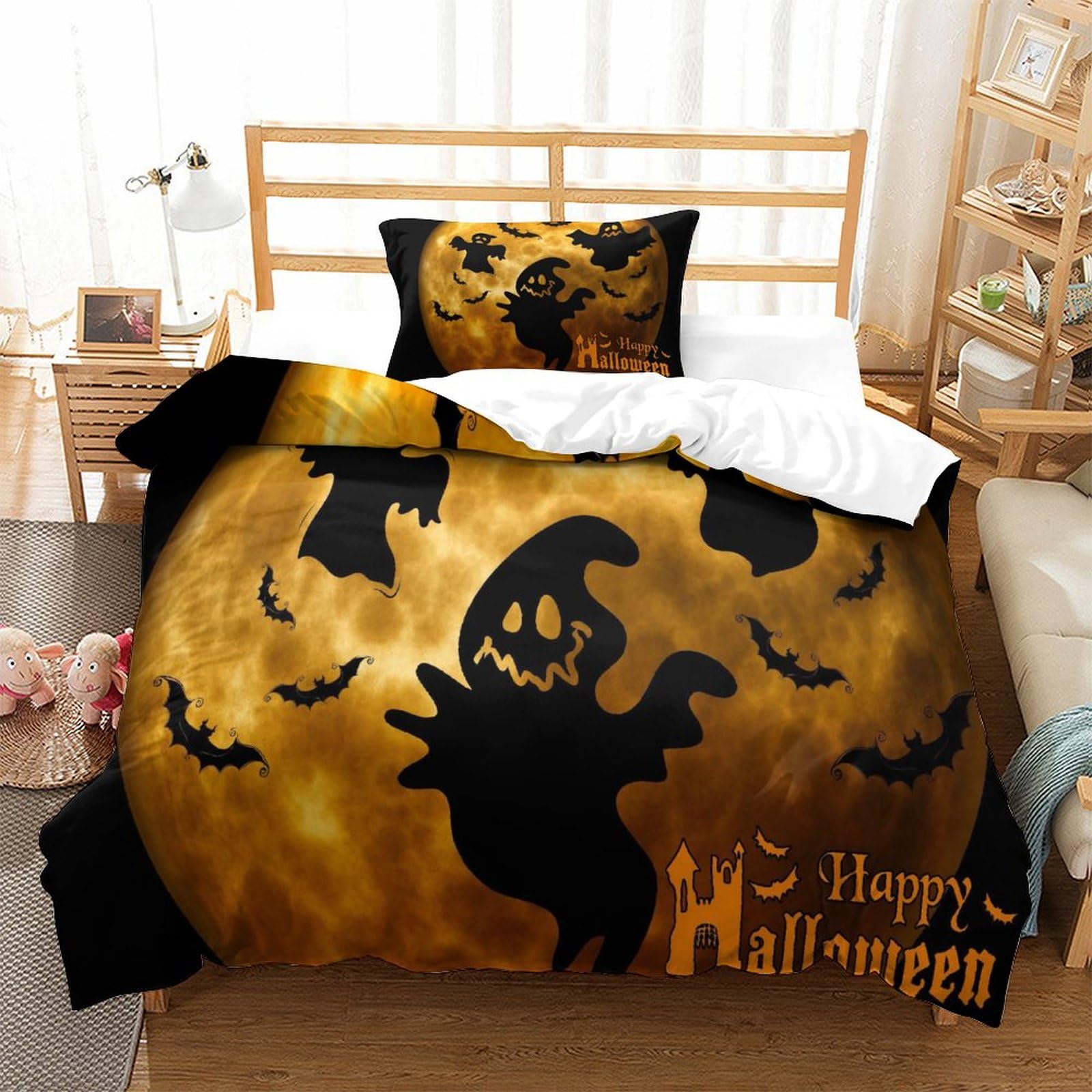 P1S9U7W5Y 3D Printed Halloween Ghost Duvet Cover Set 3pcs Microfiber Pumpkin Bedding Set Single