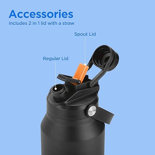 Miniatura 4 de Milton Botella de agua de acero inoxidable de 40 onzas con tapa con popote, 2 tapas incluidas, termo aislado al vacío de doble pared, 12 horas de