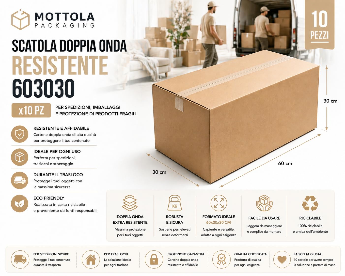 60x30x30 cm (10 pz) - Scatoloni per Trasloco- Scatole Resistenti In Cartone per Spedizione e Trasloco- Avana - Resistenti, Ecologiche, Mottola Packaging
