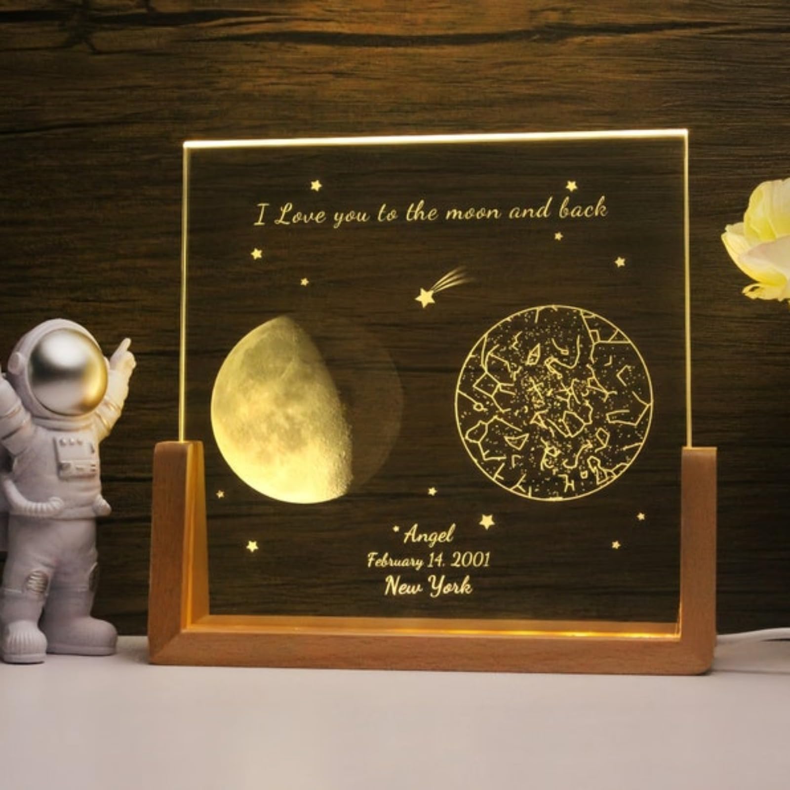 XEL Personalised Star Map Moon Phase Crystal Lamp Night Light Anniversary Baby Shower Special Night Light