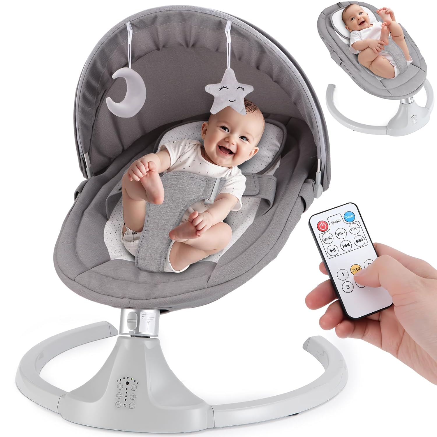 Baby Swing for Newborns 0-6 Months, Electric Infant Swing with Bluetooth & Remote Control, 5-Speed Portable Rocker with 12 Soothing Lullabies, 3-Point Widened Harness, ASTM Certified