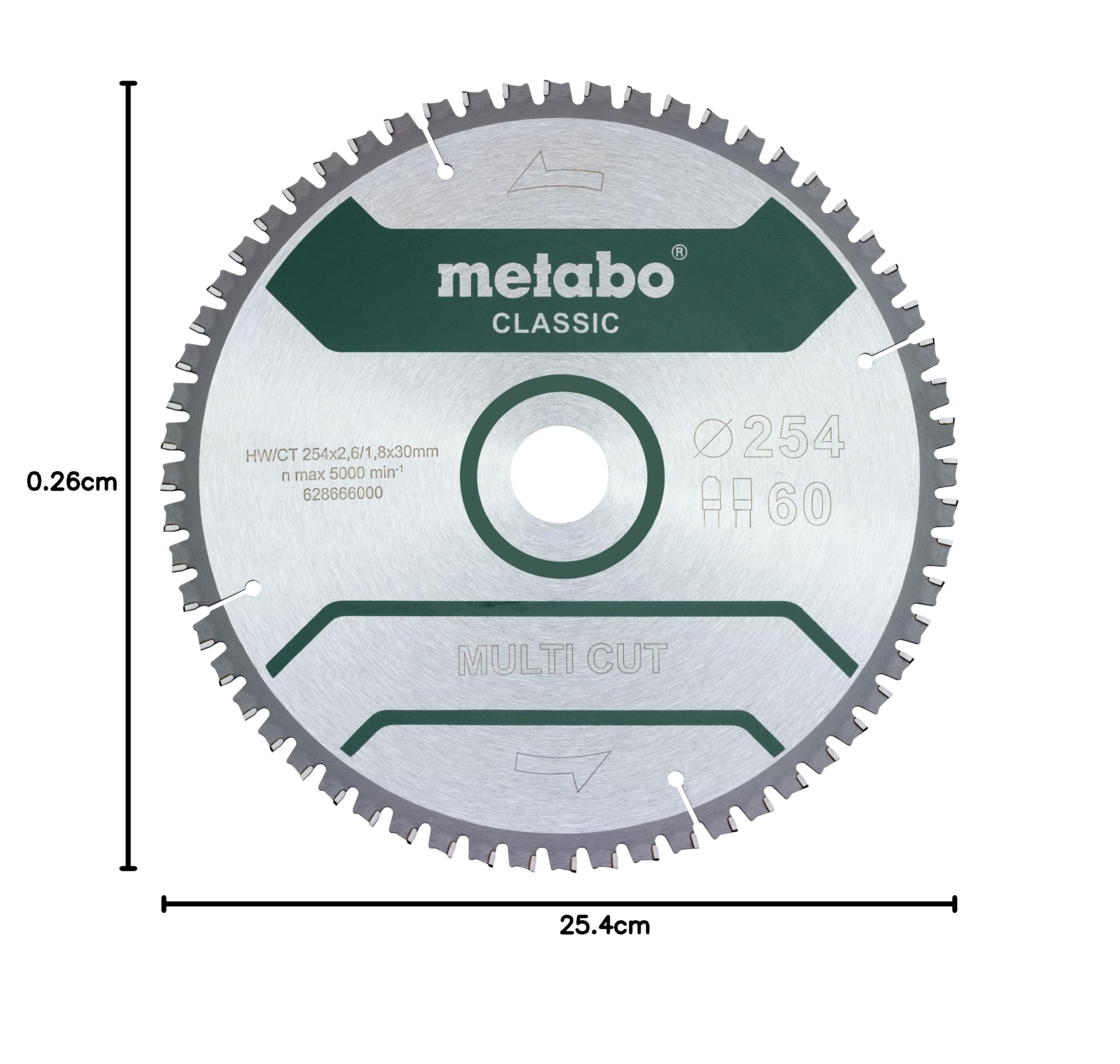 Metabo Brzeszczot piły "multi cut - classic", 254x2,6/1,8x30 Z60 FZ/TZ 5°neg (628285000) Średnica x szerokość cięcia x otwór: 254 x 2,6 x 30 mm, materiał: HW/CT, liczba zębów: 60
