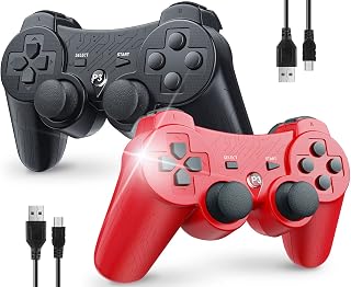 OKHAHA Controller 2 Pack for PS3 Wireless Controller for Sony Playstation 3, Double Shock 3, Bluetooth, Rechargeable, Motion Sensor, Remote for PS3 (With Stripes(Black + Red))