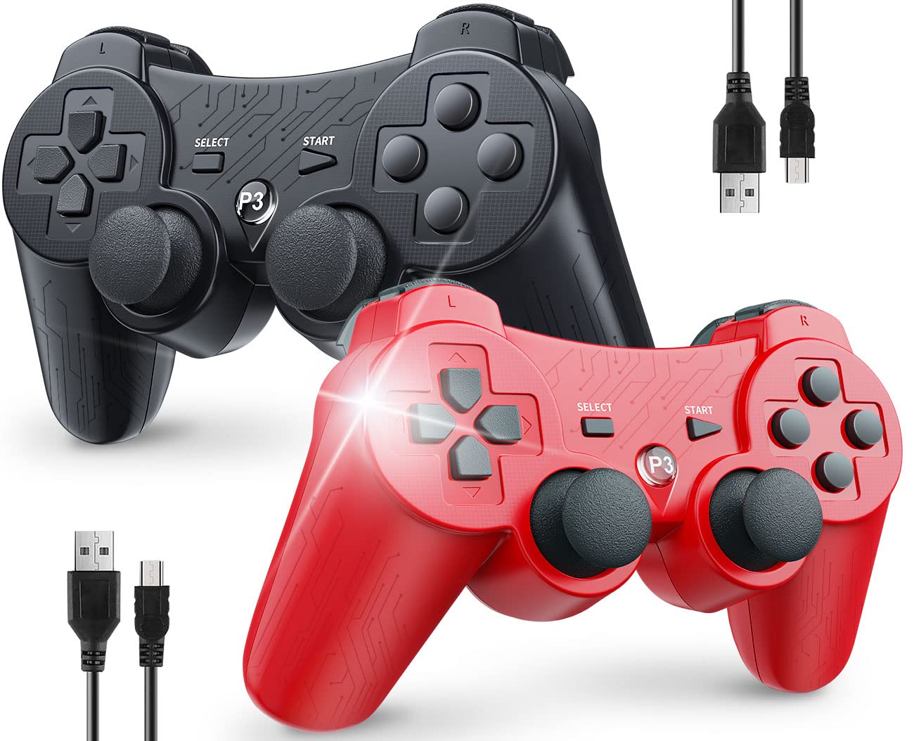 OKHAHA Controller 2 Pack for PS3 Wireless Controller for Sony Playstation 3, Double Shock 3, Bluetooth, Rechargeable, Motion Sensor, Remote for PS3 (With Stripes(Black + Red))