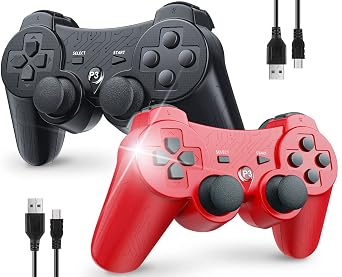 OKHAHA Controller 2 Pack for PS3 Wireless Controller for Sony Playstation 3, Double Shock 3, Bluetooth, Rechargeable, Motion Sensor, Remote for PS3 With StripesBlack + Red