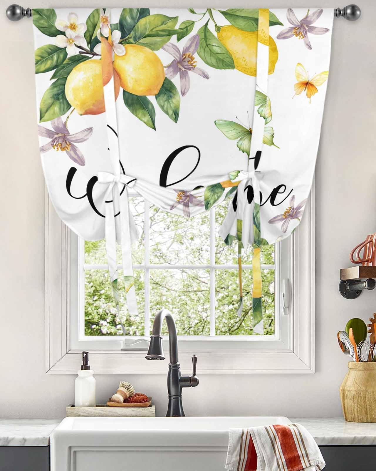Yellow Lemon Tie Up Curtains for Windows 54 Inch Length Balloon Curtains Kitchen Adjustable Balloon Window Shade Floral Flower Butterfly Watercolor White Tie Up Valance Bathroom Curtain Window 42