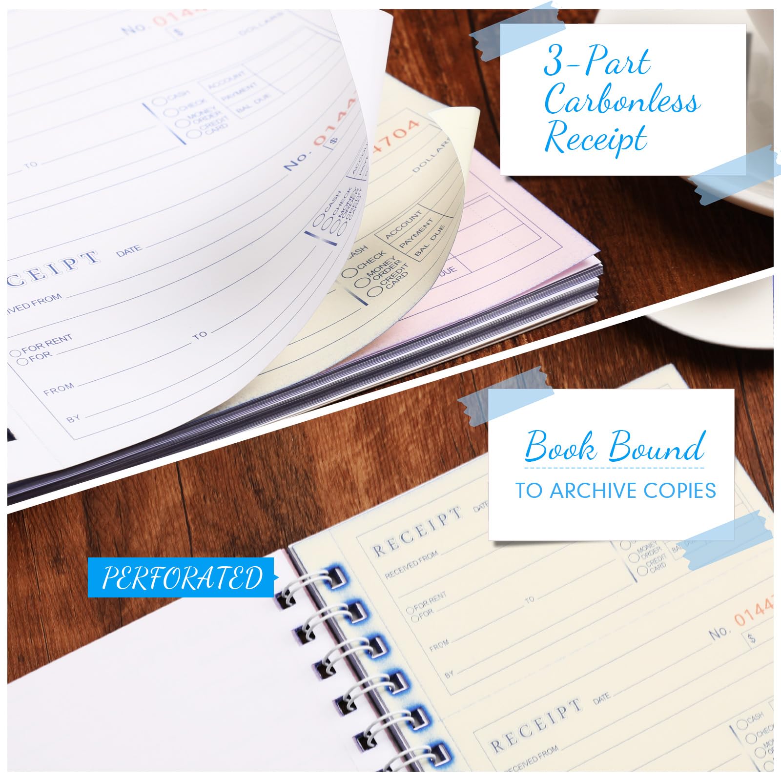 Crtiin Lot de 10 carnets de reçus en 3 parties autocopiants avec couverture à spirales avec copies autocopiantes 100 ensembles par livre, 4 reçus par page (14 x 28 cm)