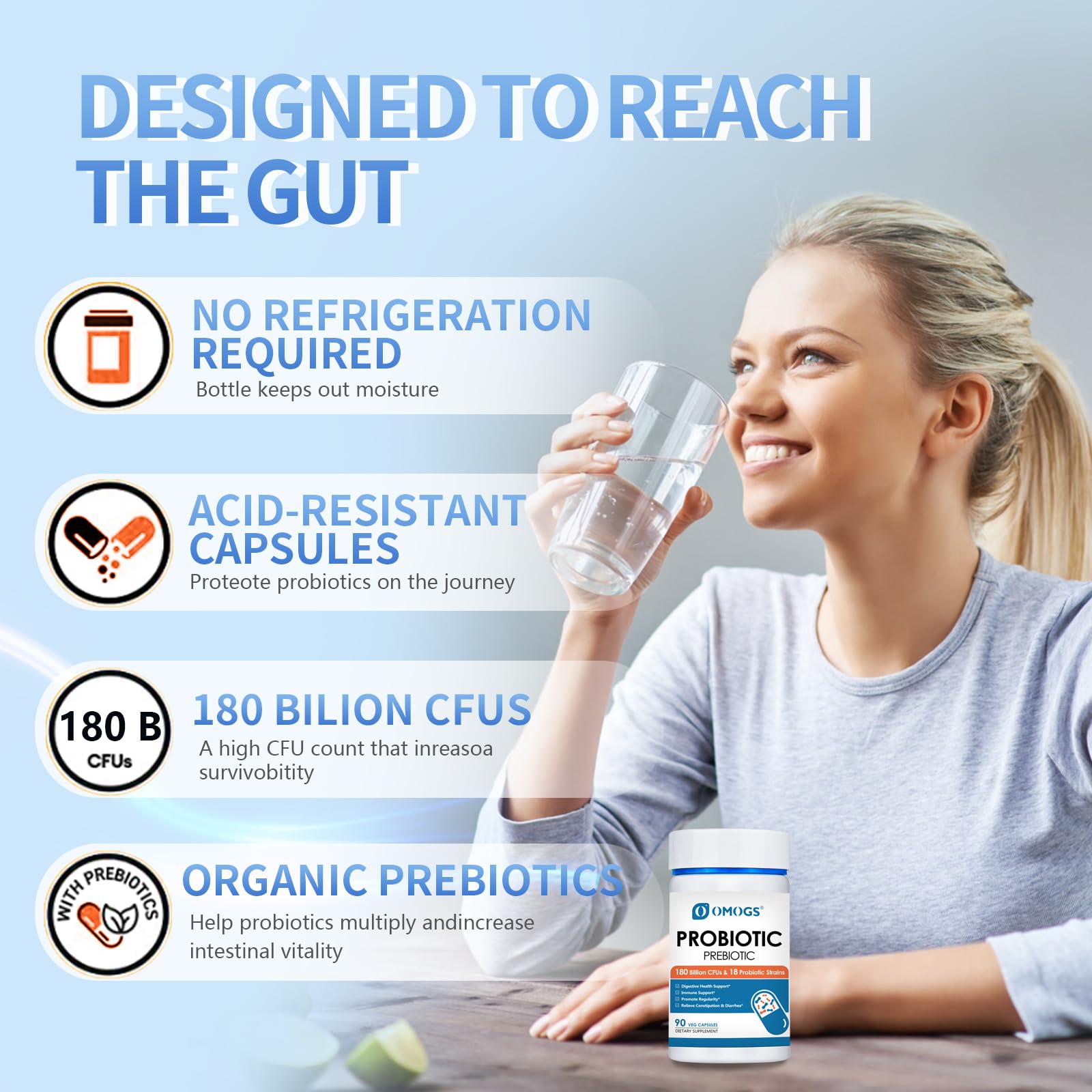 OMOGS Probiotics 180 Billion CFUs 18 Strains, 3 Prebiotics, Helps Digestive, Gut Health, Immune, Supports Occasional Constipation, Diarrhea & Gas - for Women & Men, 90 Capsules — Amazon image 6