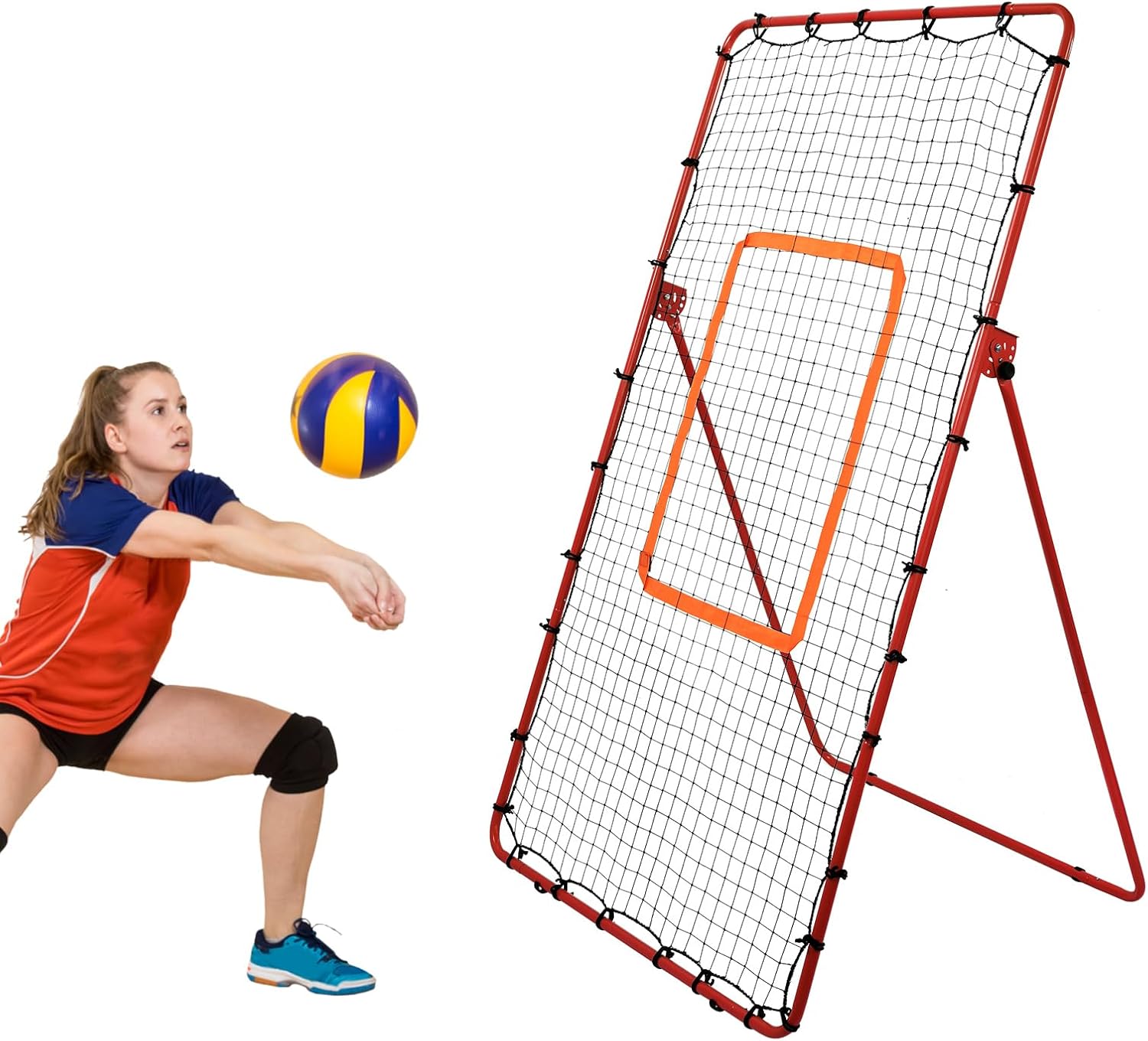 7x4ft Volleyball Rebound Net | 5 Adjustable Rebound Angles, Bounce Back Net Iron + PE | Pitch Back Baseball Rebounder with Anti-Slip Foot | Lacrosses Softball Baseball Rebounder Net for Ball Pitching