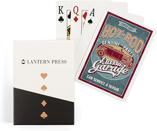 Lantern Press Hot Rod Garage, coches clásicos, letrero vintage (52 cartas de juego, baraja de cartas de tamaño póquer con comodines)