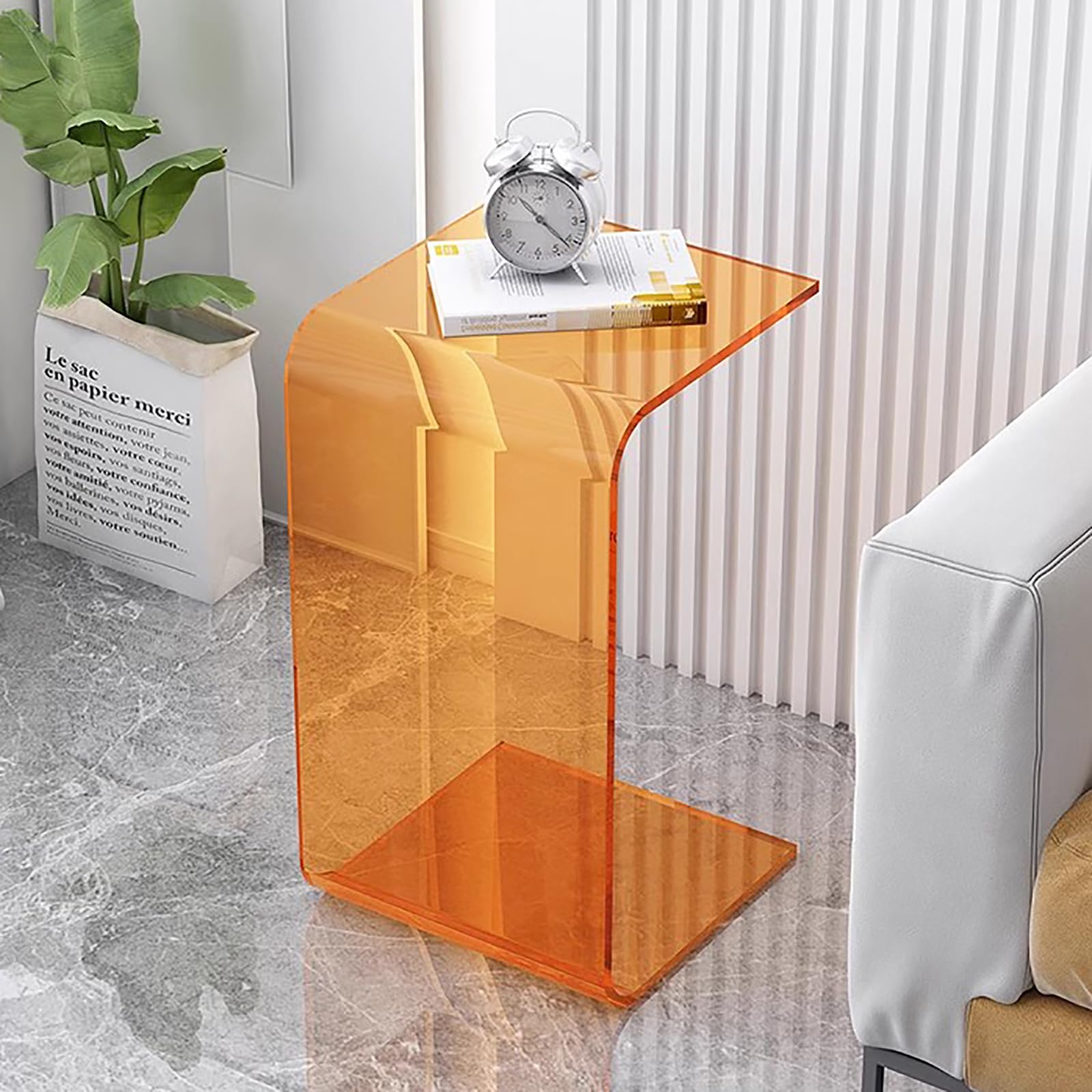 Mesa auxiliar moderna de acrílico transparente y elegante detalle naranja