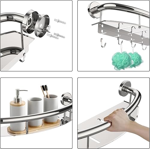 Miniatura 7 de Barra de seguridad blanca de 18 pulgadas con estante de almacenamiento para bañera o ducha, orificios de drenaje, acero inoxidable, barras de agarre