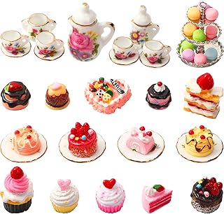 40 Pcs 1:12 Scale Dollhouse Miniature Kitchen Accessories Set Includes 15 Flower Pattern Porcelain Tea Cup 24 Mixed Pretend Cake Foods 1 Mini Three-Tier Cake Stand for Decor Supply (Cute Style)