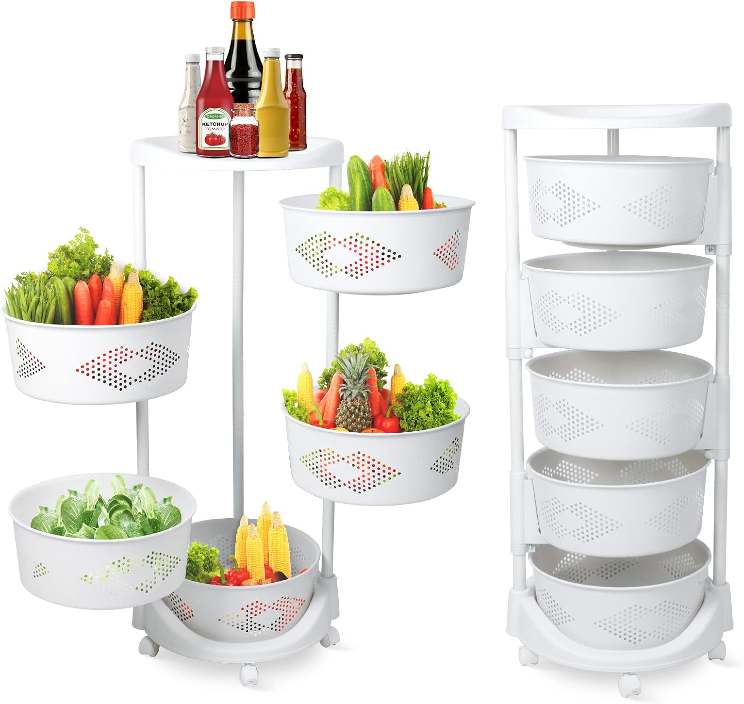 Storage Rack 5 Layers Movable Rotating Basket, Fruit and Vegetable Storage Basket Floor-Standing Storage Rack Household Storage Rack for Kitchen Living Room Toilet - White