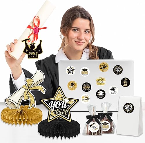 Miniatura 6 de Decoraciones de mesa de graduación de oro negro 2023, 42 piezas de centro de mesa de nido de abeja de felicitaciones 2023, palos de centro de mesa