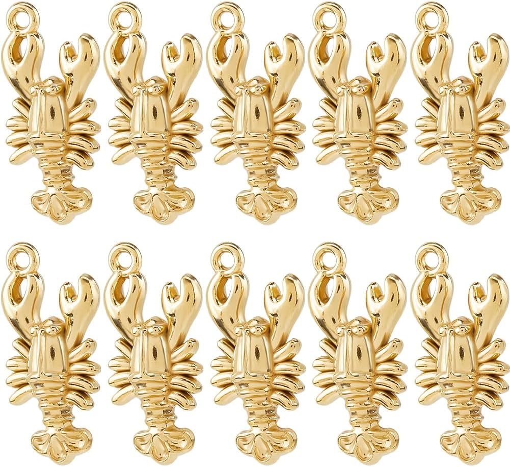 10pcs Lobster Charms 18K Gold Plated Ocean Theme Stainless Steel Charms with Loop Hole Golden Beach Pendants for Jewelry Necklace Bracelets Earrings Making DIY Crafts