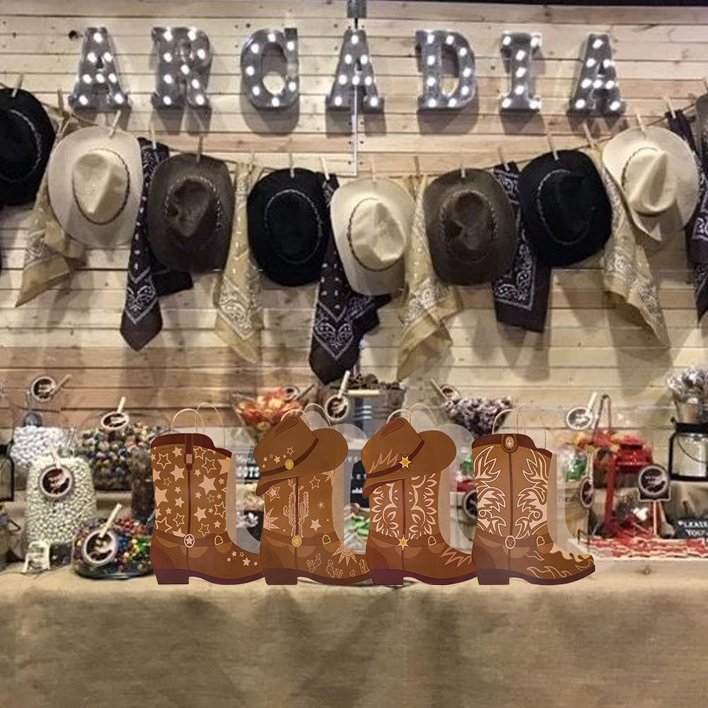 16 Pcs DIY Cowboy Boots Paper Bags Cowboy Hat Kraft Bags Western Theme Party Decorations Favors Wild West Gift Bag with Handles Rodeo Boot Hat Goodie Bag for Cowboy Birthday Bachelorette Party Supplies