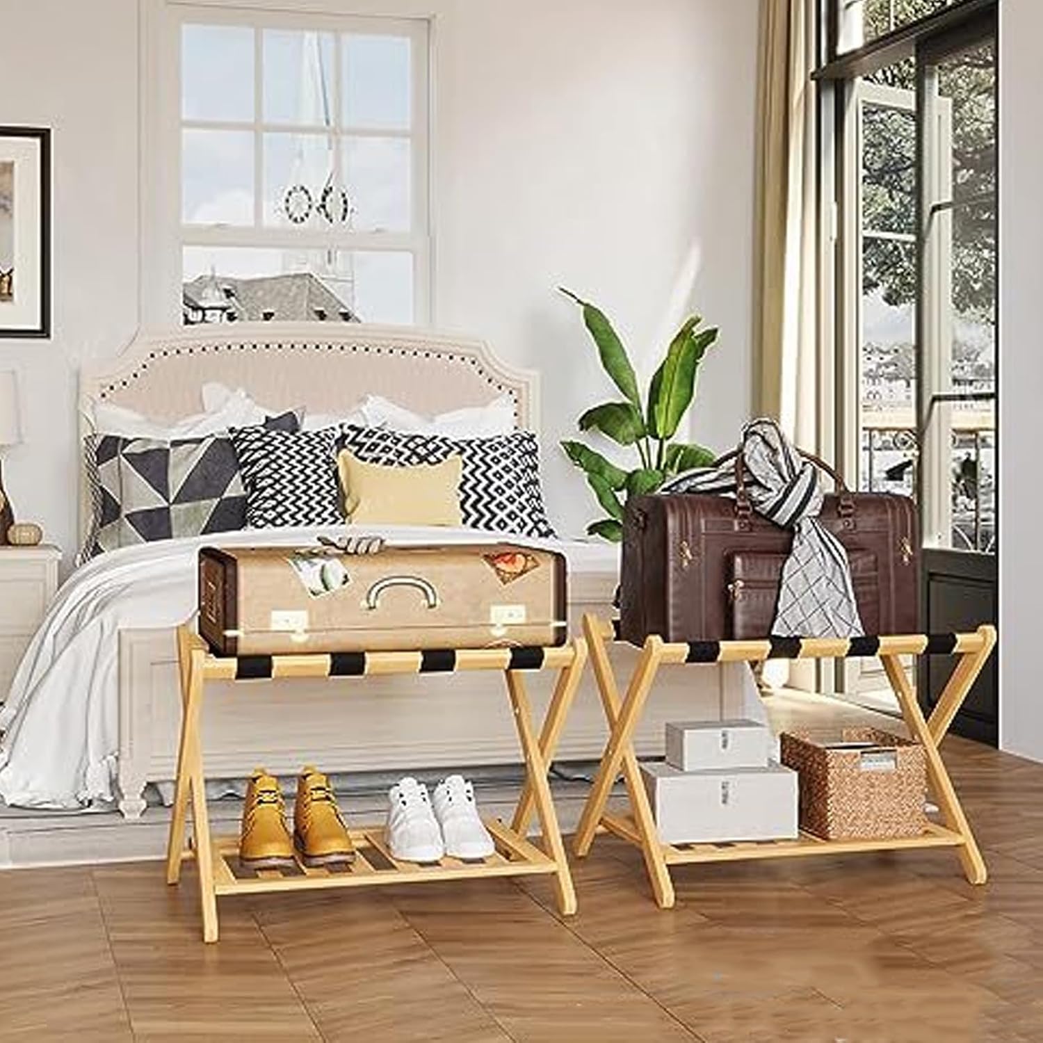 Yunir Folding Luggage Rack, Wooden Luggage Rack With Bottom Storage, Anti Slip Quick Assembly Luggage Stand, For Guest Room, Hotel, Bedroom