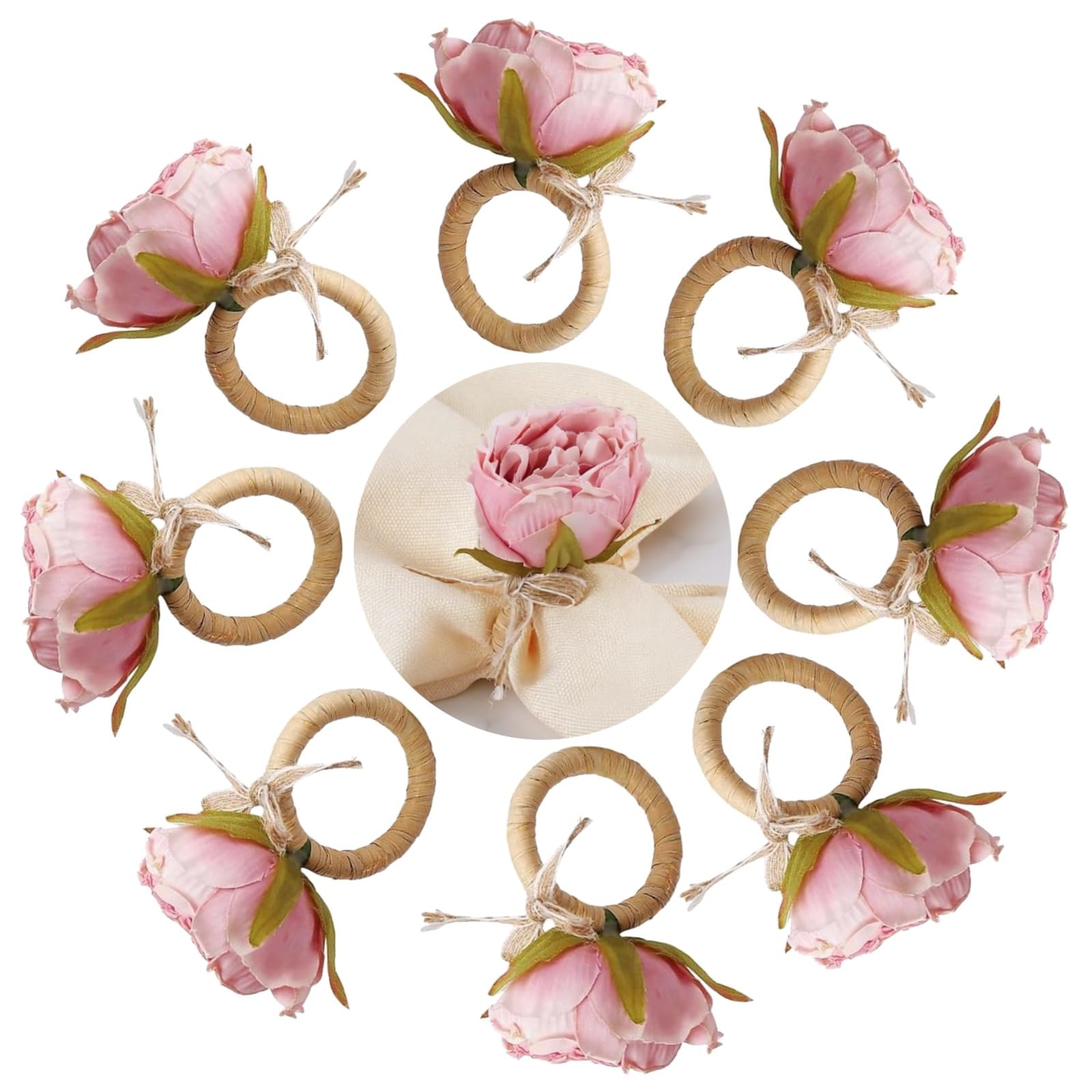 Lot de 8 Ronds de Serviette Fleur Rose, Porte Serviette en Corde de Chanvre avec nœud Fait Main, Style raffiné pour Noël, Thanksgiving, Automne, Mariage, fête, décoration de Table, Repas