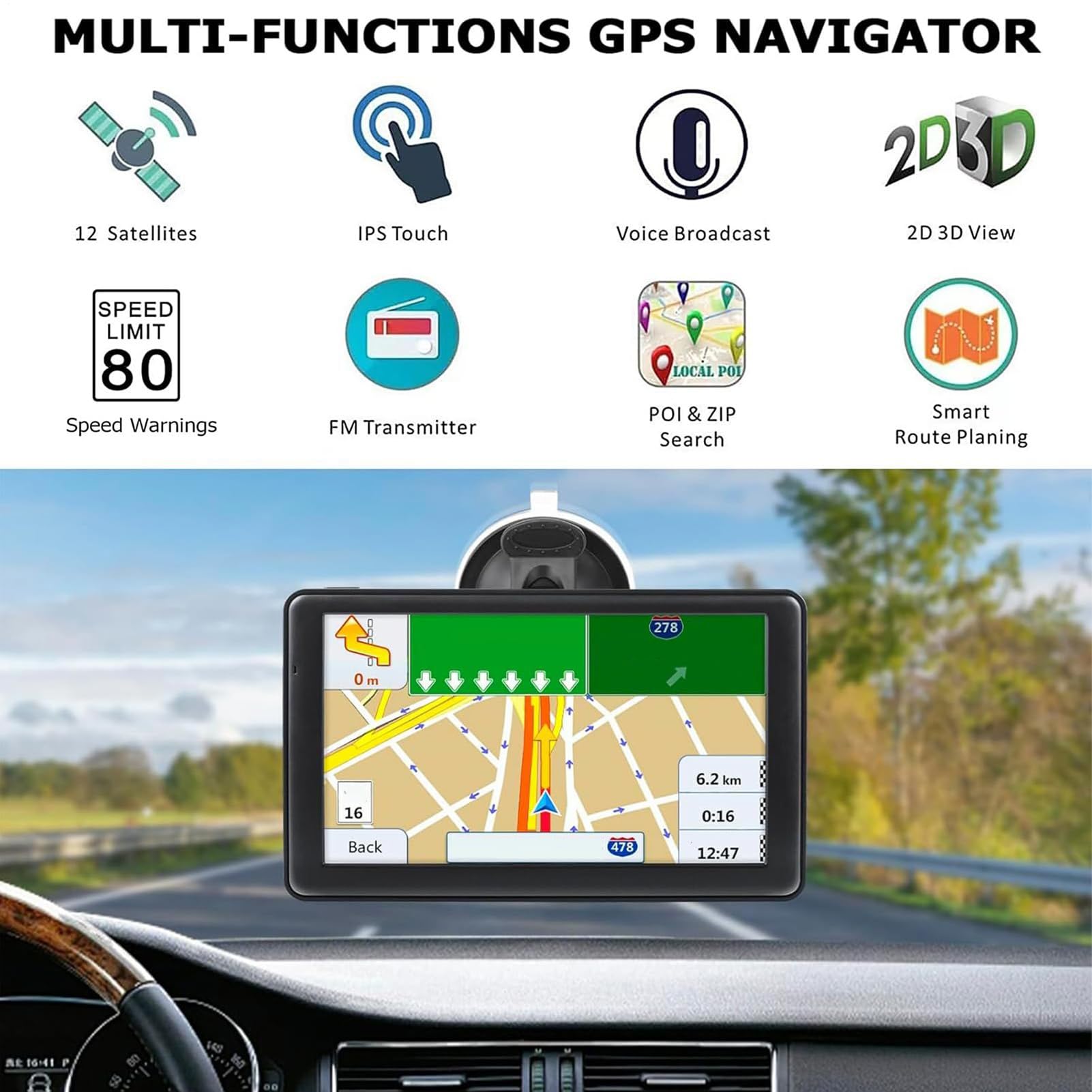 GPS for Cars - 7 Inch Touchscreen Navigation Device for Vehicles | Smart Map Display with Voice Guidance, Travel Navigation Equipment Long Trips RV Driving Men Women