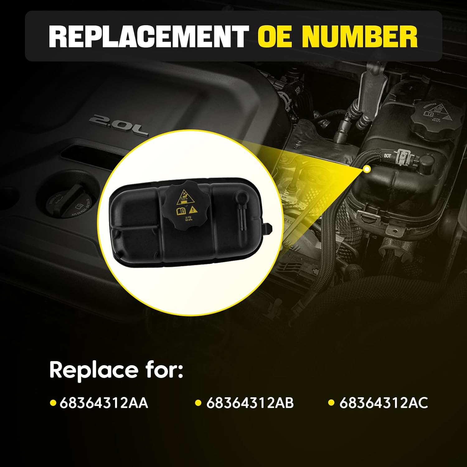 68364312AC Engine Coolant Reservoir Tank Recovery Bottle with Cap Compatible with Jeep Wrangler 2018-2024 2.0L L4 Replace for 68364312AA, 68364312AB