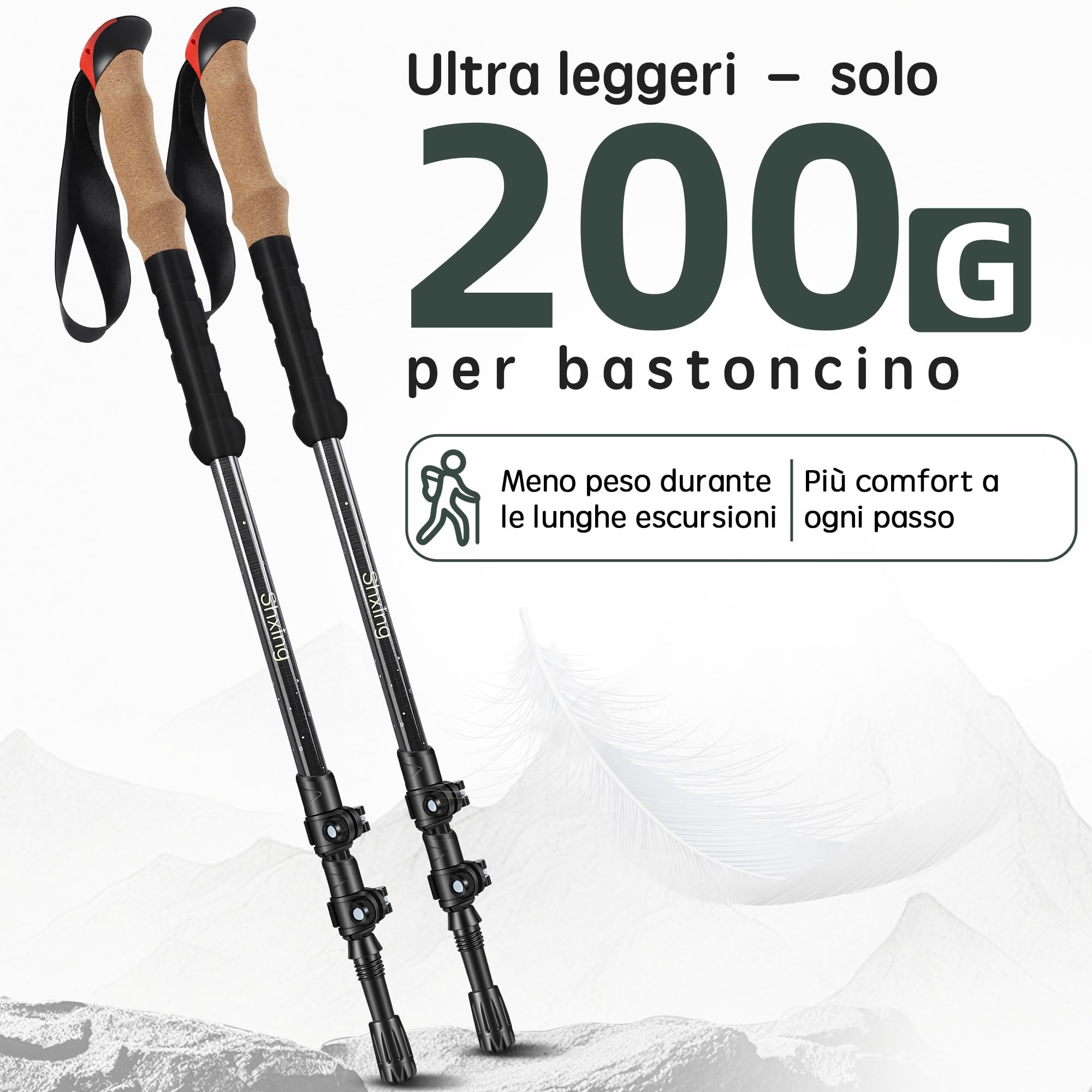 Bastoncini trekking telescopici 2 pezzi, 200 g ciascuno, 62–135 cm, carbonio, impugnatura in sughero + EVA, chiusura in alluminio, per trekking e nordic walking