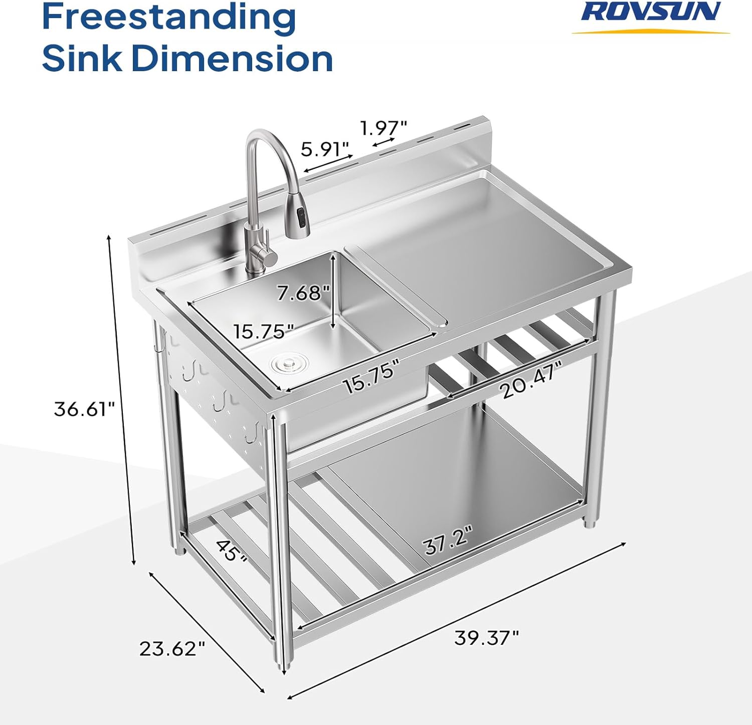 ROVSUN Commercial Utility Sink with Shelves, Freestanding Stainless Steel Kitchen Sink, Single Bowl w/Workbench & Hanging Hooks for Indoor, Outdoor, Garage, 39.4 x 23.6 x 36.6