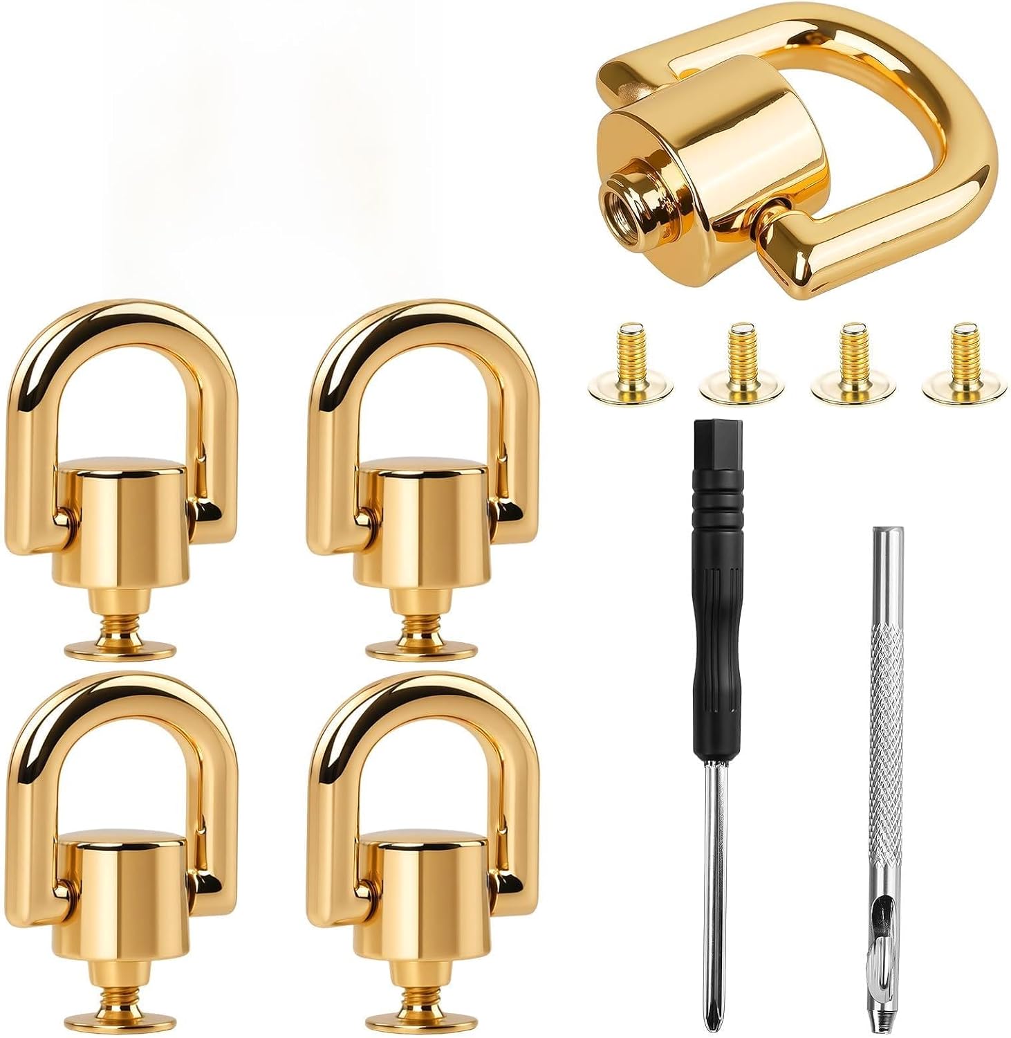 4 Pcs D Rings Rivets for Leather Purse - 360° Rotatable Crossbody Conversion Kit with Stud Screw Rivets, Heavy Duty D Rings Hardware with Screwdriver and Punch Tool for DIY Handbags, Leathercraft