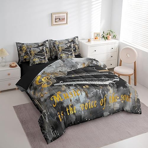 Miniatura 3 de Piano Music 7pcs Comforter King,Musical Notes Bedding Set Kids Girls Boys Teens Room Decor,Retro Graffiti Grey Gold Music Lover Bed in a