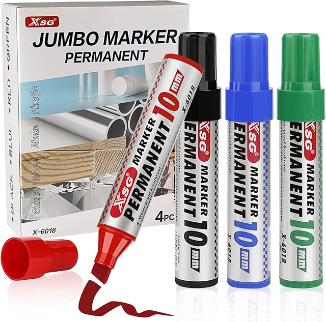 Permanent Marker Pens, Assorted Ink Colours Acrylic Paint Marker Broad, chisel tip 10 mm JUMBO Size Permanent Marker for Plastic,Stone,Wood,Metal and Glass Doodling(Set of 4)