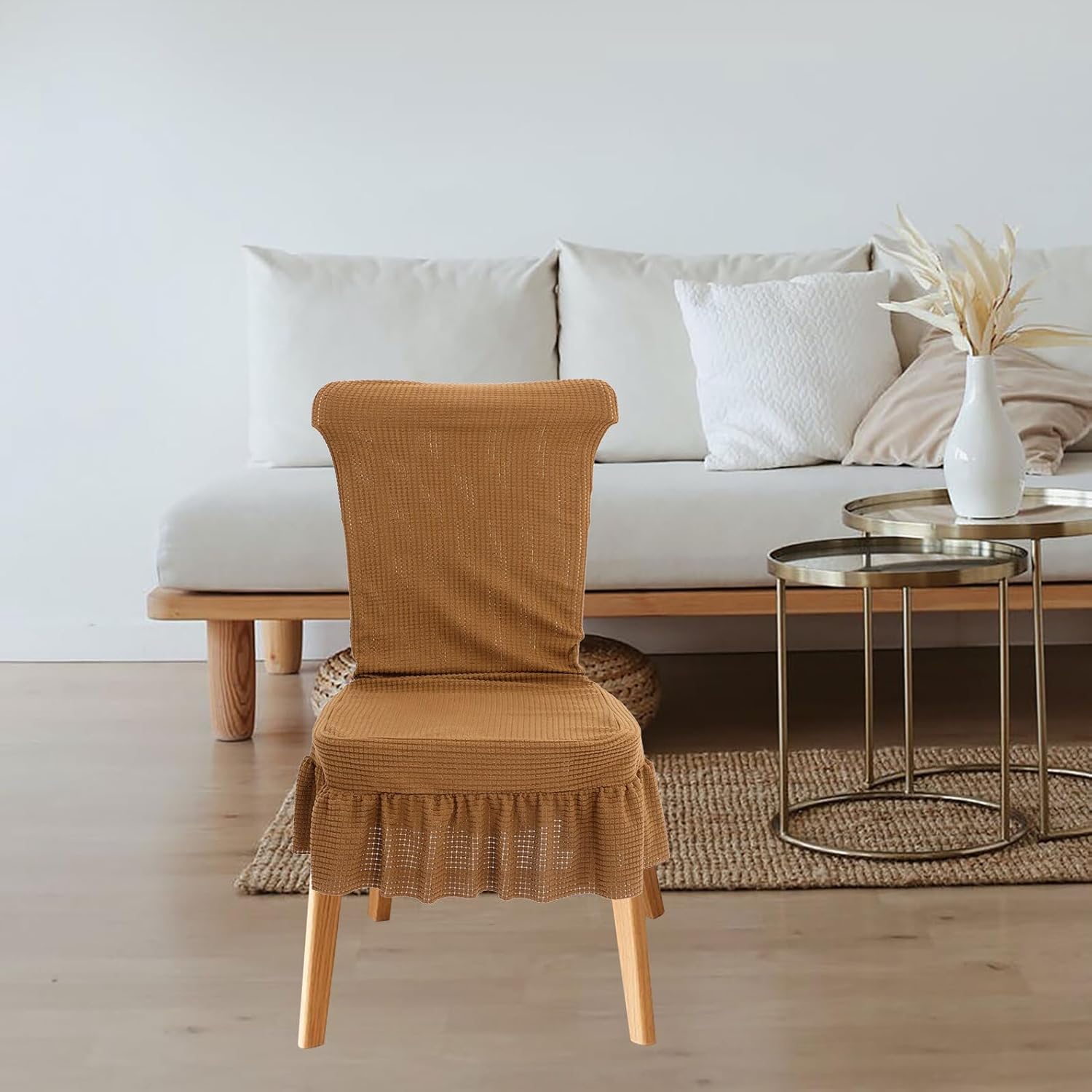 Waterproof Plaid Dining Chair Covers, Stretch Elastic Seat Protector with Ruffle Skirt, Light Coffee Color, 6pcs Slipcovers for Kitchen and Dining Room Chairs