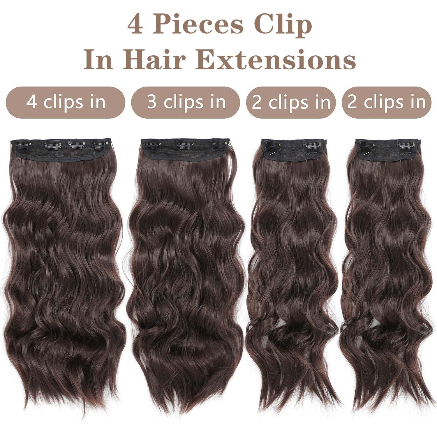 Gx Beauty Clip In Hair Extensions 20 Inch Long Wavy Dark Brown Hair Extensions, 4pcs Full Head Synthetic Hairpieces, Natural & Soft Hairpieces for Women(4PCS, Dark Brown)