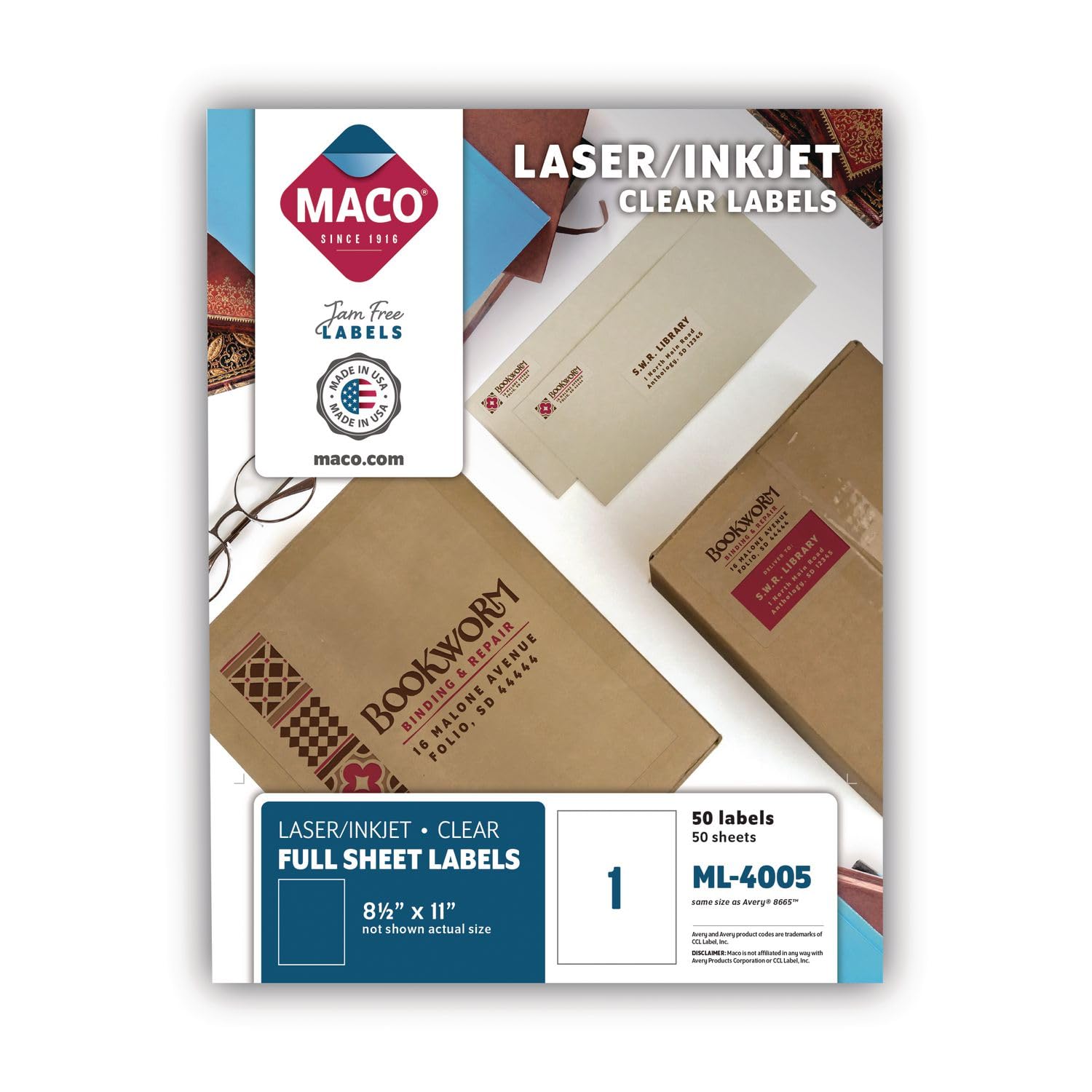 Maco Láser/Ink Jet Matte Clear Full Sheet Labels, 8-1/2 x 11 pulgadas, 1 por hoja, 50 por caja (ML-4005), MACML4005