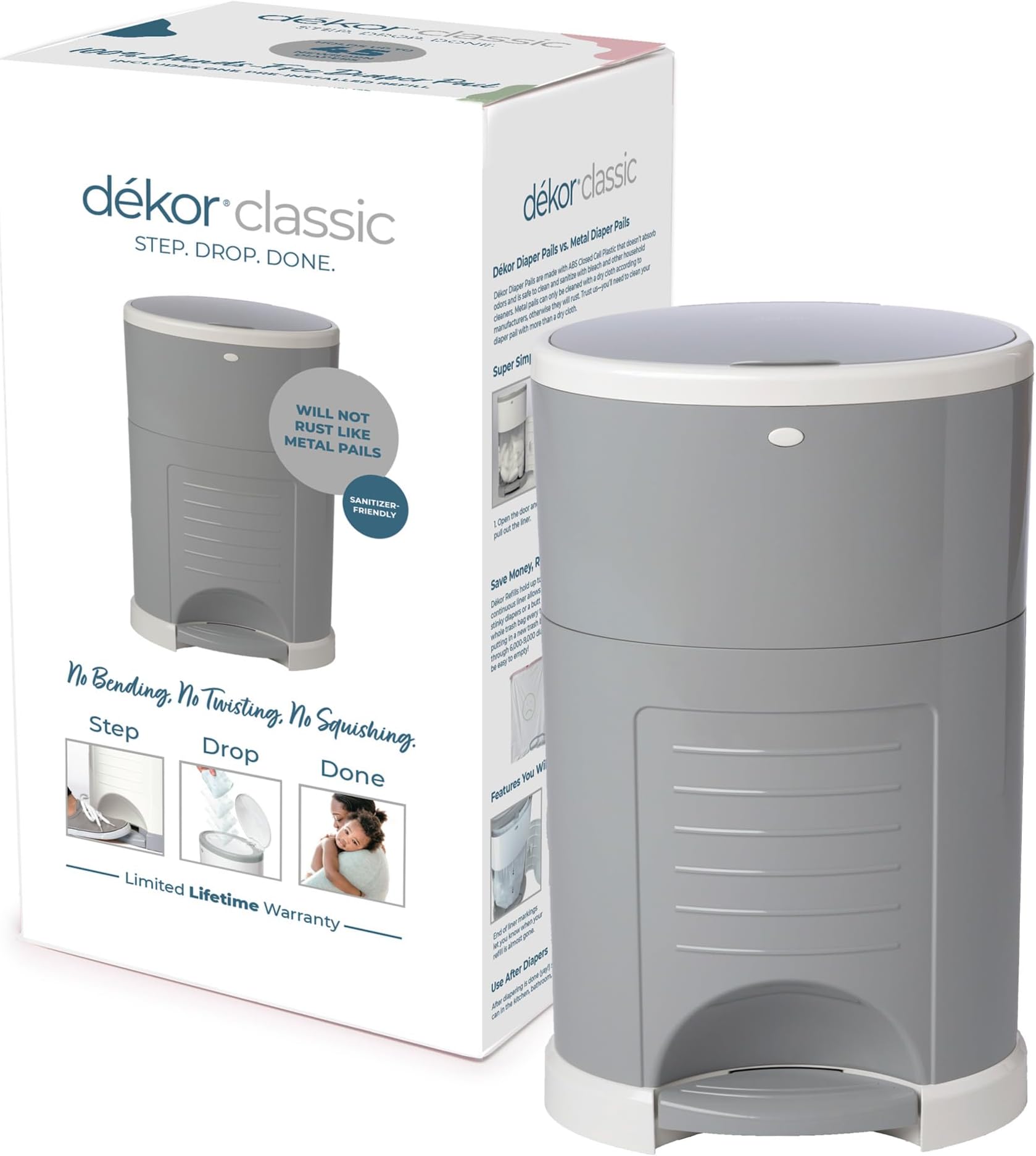 DEKOR Classic Hands-Free Diaper Pail | Gray | Easiest to Use | Just Step – Drop – Done | Doesn’t Absorb Odors | 20 Second Bag Change | Most Economical Refill System