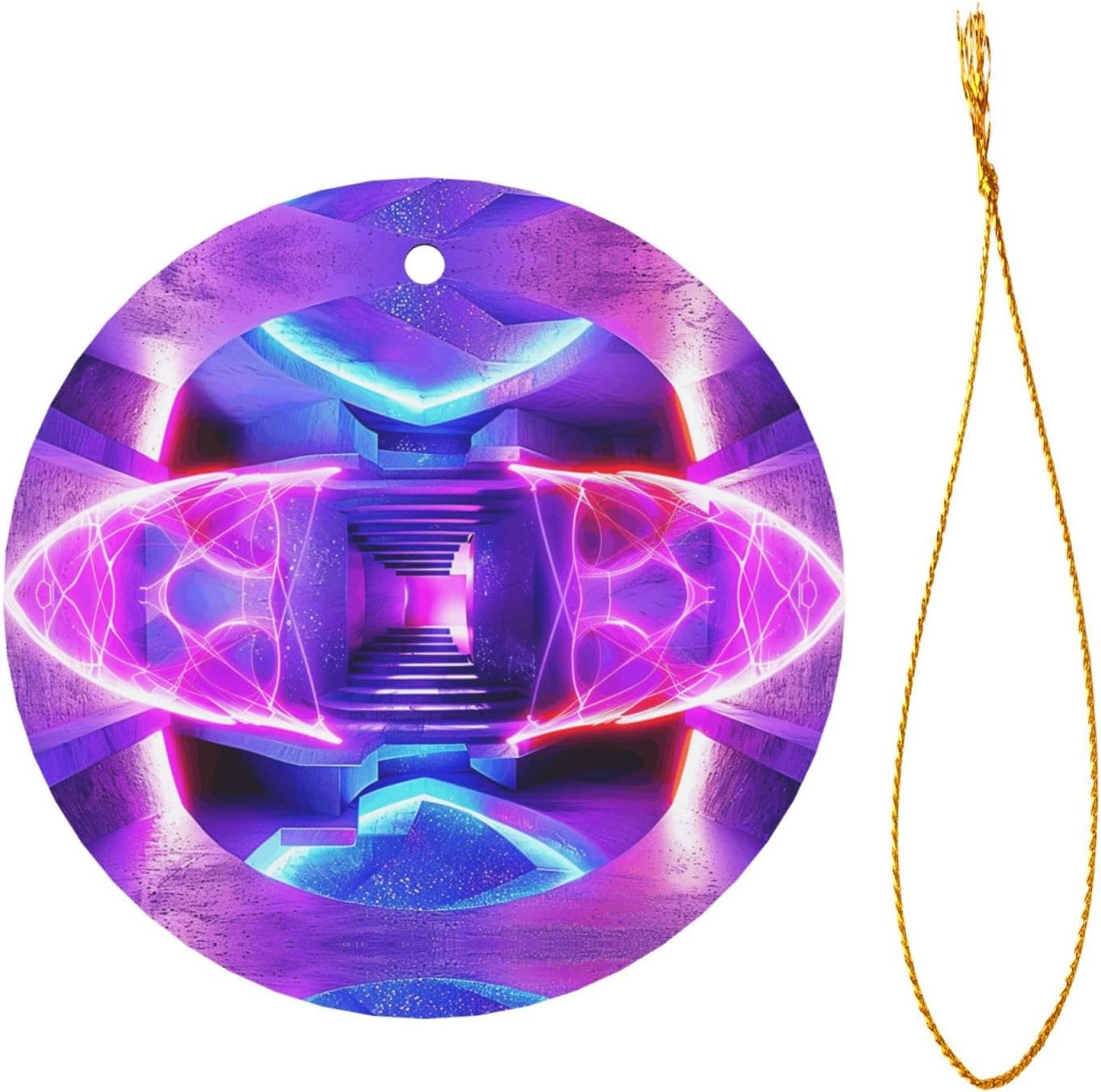 Geometric neon Lights Christmas Tree Hanging Ornaments Round Shape Xmas Pendant Decorations Party, 25cm Golden Rope for Tree Decorations 8cm