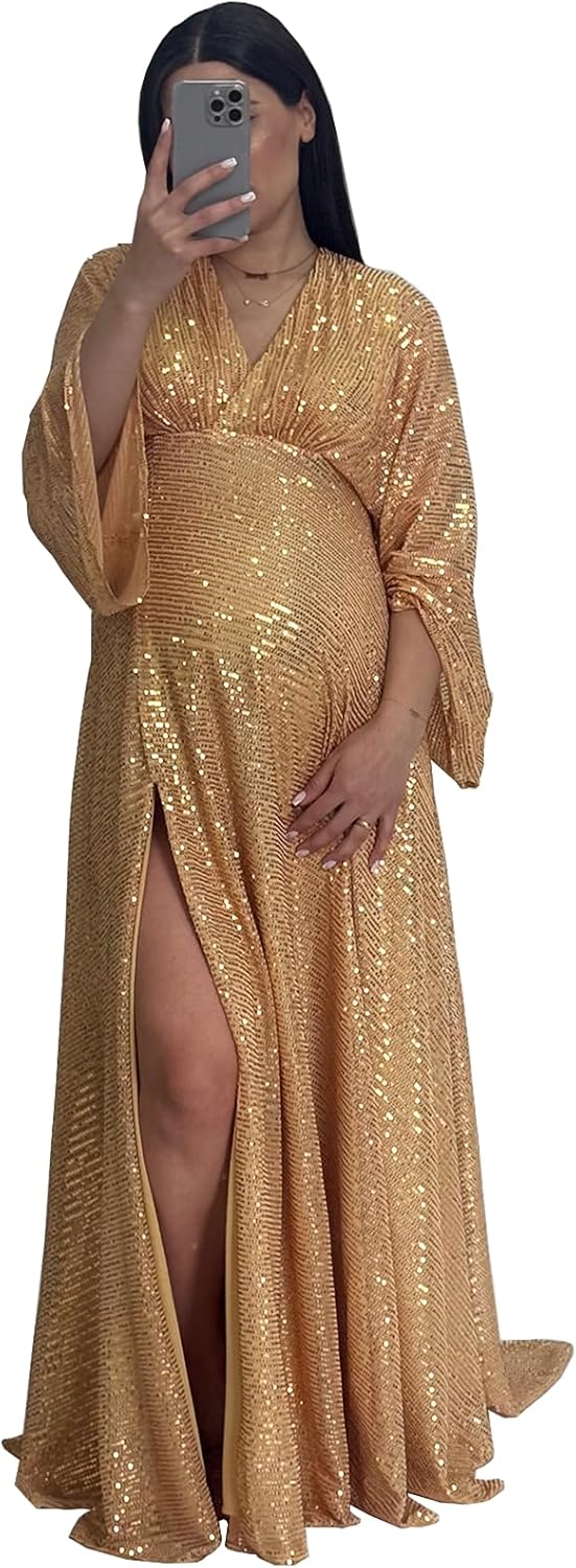 Sevintage Maternity Dress for Photo Sequin Long Sleeve V-Neck Pregnant Robe Baby Shower Gown Formal