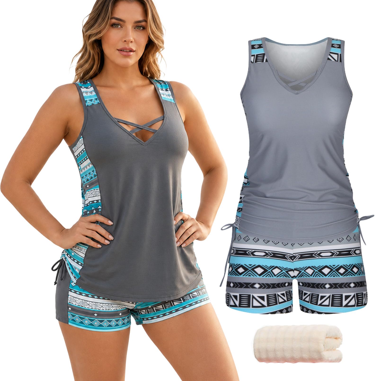 Tencipeda Women's Plus Size Tummy Control Tankini Set with Built-in Bra, Flattering Boho Swimwear with Shorts, Quick-Dry (Grey,XL)